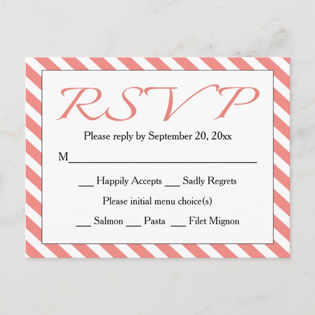 RSVP Pink & White Stripe Wedding / Party Invitation Postcard (Front)