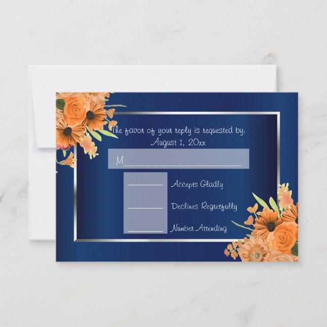*RSVP - Pretty Orange Flowers on Navy Blue RSVP Card (Front)