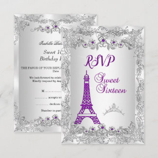 RSVP Princess Sweet 16 purple Silver Photo Party Invitation