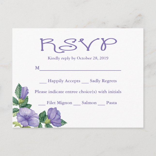 RSVP Purple Watercolor Floral Wedding Invitation Postcard (Front)