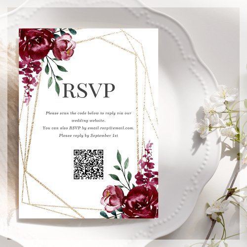 RSVP QR Code  Burgundy  Marsala Red Floral  Enclosure Card
