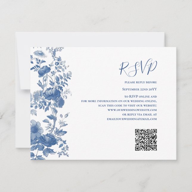 RSVP QR Code French Floral Toile Blue Wedding  (Front)