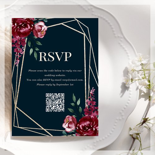 RSVP QR Code  Navy Blue  Burgundy Floral  Enclosure Card