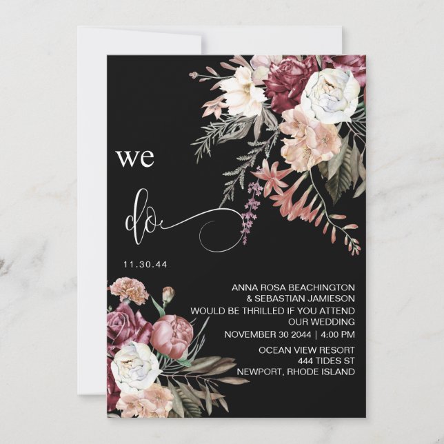 *~* RSVP QR Floral MERLOT Rose Peony AR15 WEDDING Invitation (Front)