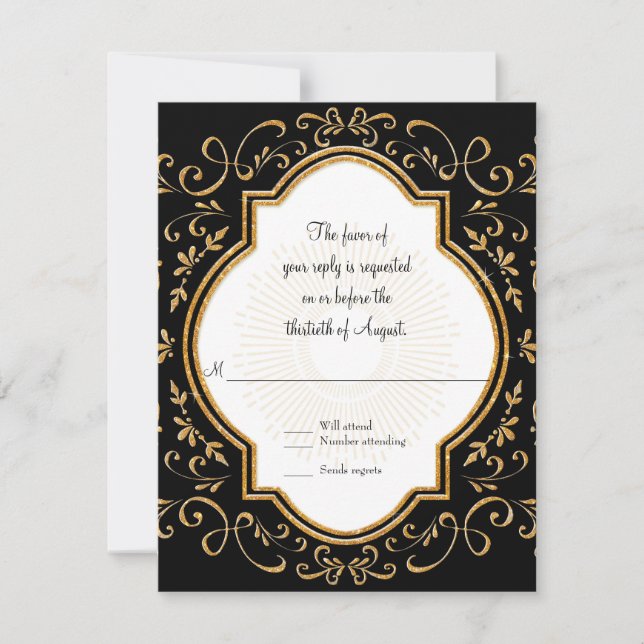 RSVP Quatrefoil Frame Script Swirl Gold Glitter (Front)