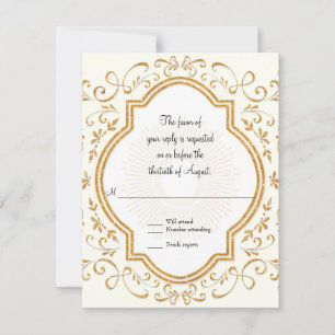 RSVP Quatrefoil Frame Script Swirl Gold Glitter Card