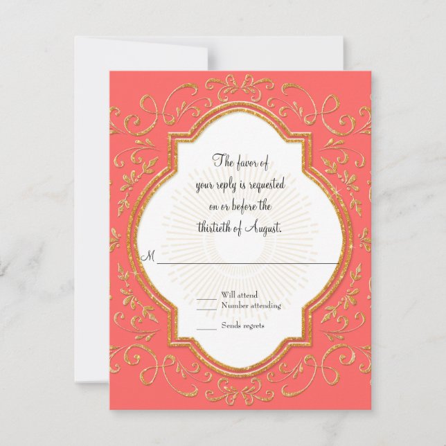 RSVP Quatrefoil Frame Script Swirl Gold Glitter Card (Front)
