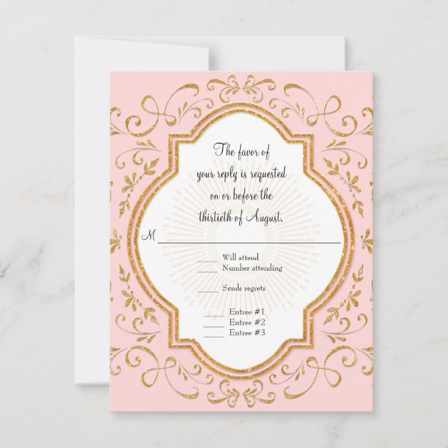 RSVP Quatrefoil Frame Script Swirl Gold Glitter Card (Front)