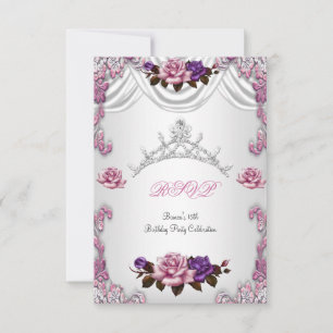 RSVP Quinceanera 15 15th White Pink Roses Tiara Invitation