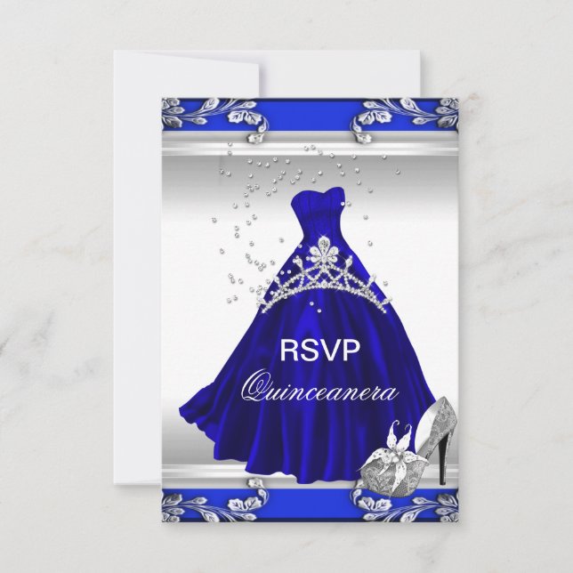RSVP Quinceanera 15th Birthday Royal Blue Dress Invitation (Front)