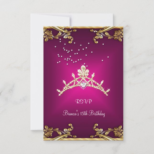 RSVP Quinceanera Birthday Pink Tiara Gold Diamond Card (Front)
