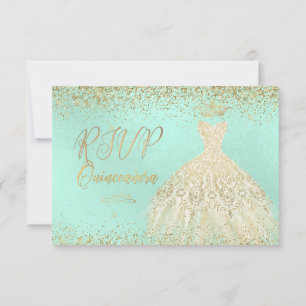 RSVP Quinceañera , Glitters Gown, Faux Gold+Mint Invitation
