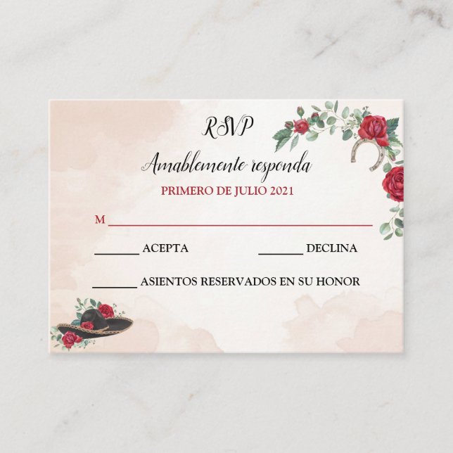 RSVP QUINCEANERA Mariachi Charra Watercolor  Business Card (Front)