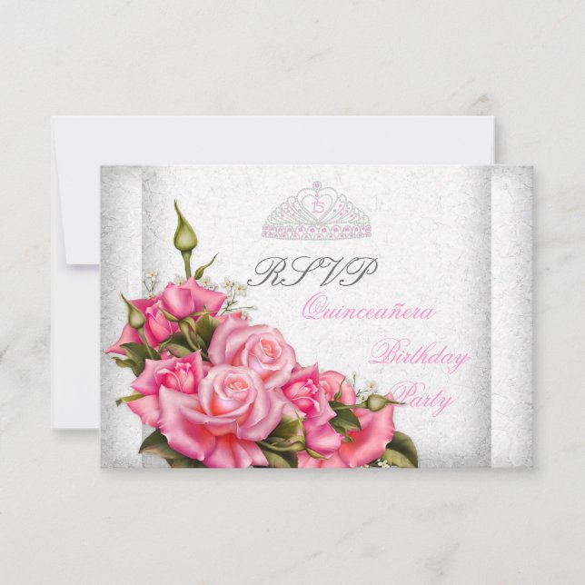 RSVP Quinceanera Pretty Pink Roses White 15th (Front)