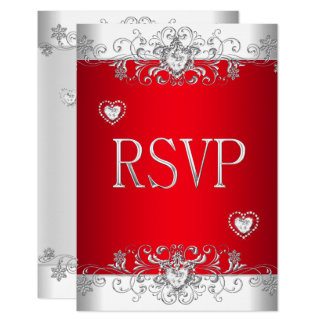 RSVP red Silver White Diamond Hearts Invitation