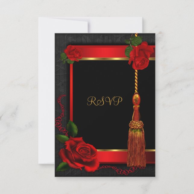 RSVP Reply Birthday Party Red Rose Gold Black (Front)