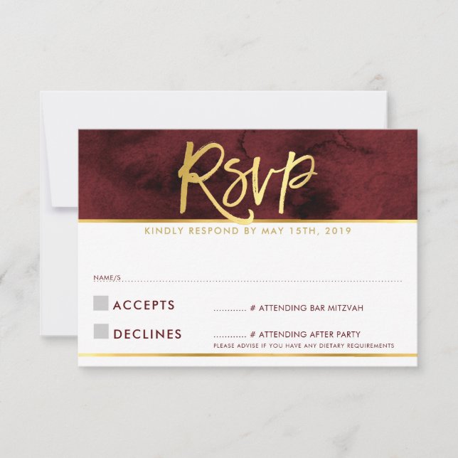 RSVP REPLY CARD modern red maroon gold script (Front)