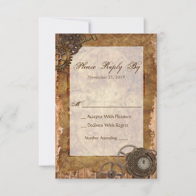RSVP Reply Card Steampunk Industrial Vintage Wood (Front)