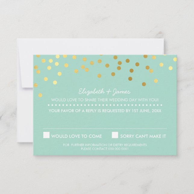 RSVP REPLY cute gold foil confetti pastel mint Card (Front)