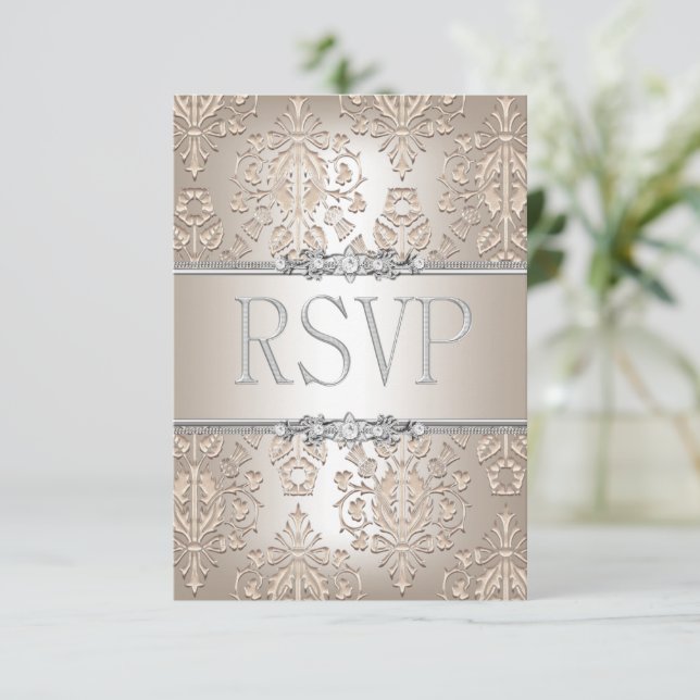RSVP Reply Elegant Damask Cream Silver Floral (Standing Front)