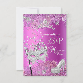 RSVP Reply Masquerade Quinceanera 15th Party Pink Card