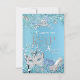 RSVP Reply Masquerade Quinceanera Blue Tiara Shoe