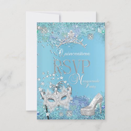 RSVP Reply Masquerade Quinceanera Blue Tiara Shoe
