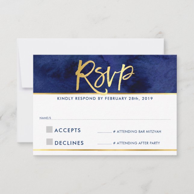 RSVP REPLY modern blue watercolor gold writing (Front)