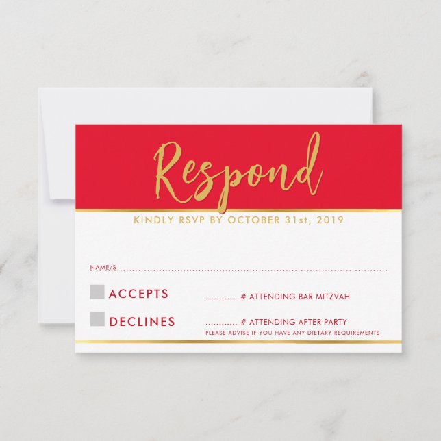 RSVP REPLY modern simple red gold Card (Front)