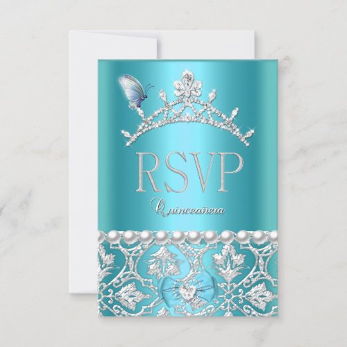 RSVP Reply Quinceanera 15th Blue Damask Butterfly