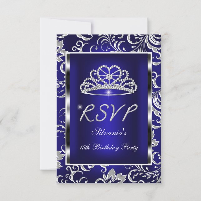 RSVP Reply Quinceanera Dark Blue Damask Silver Card (Front)