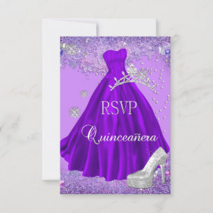 RSVP Reply Quinceanera Purple Tiara Dress Shoe Card