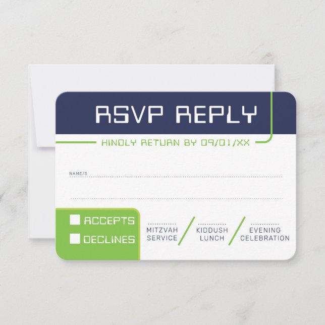 RSVP REPLY RESPONSE 2 modern gamer navy neon green Invitation (Front)