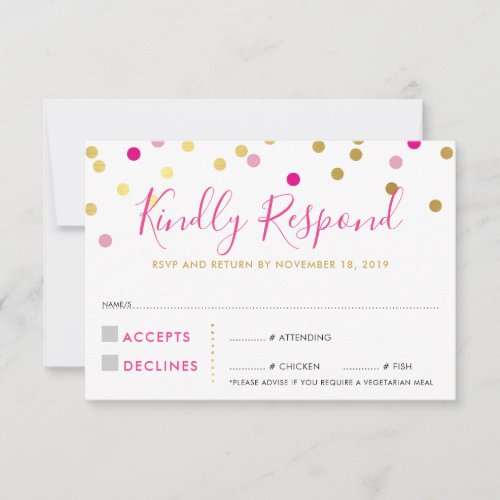 RSVP REPLY RESPONSE CARD confetti spot gold pink