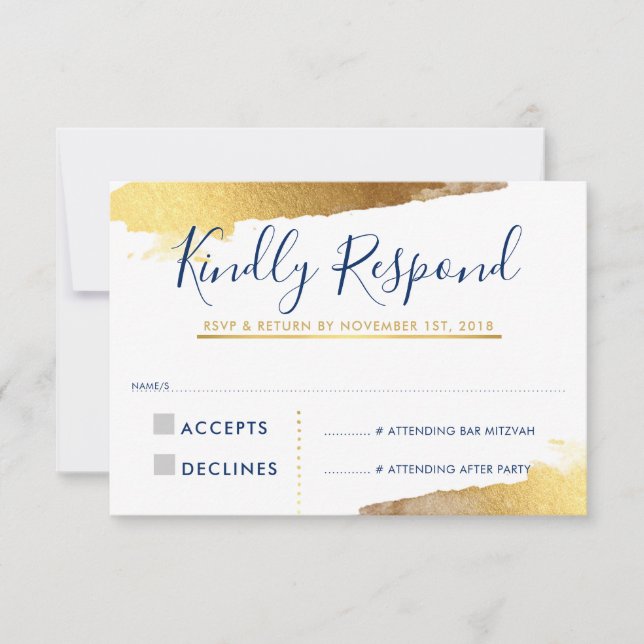 RSVP REPLY RESPONSE CARD gilded gold navy blue (Front)