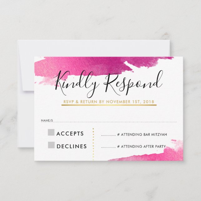 RSVP REPLY RESPONSE CARD gilded gold pink black (Front)