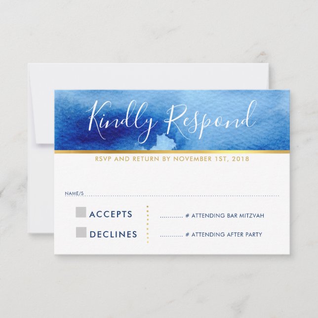 RSVP REPLY RESPONSE CARD smart blue watercolor (Front)