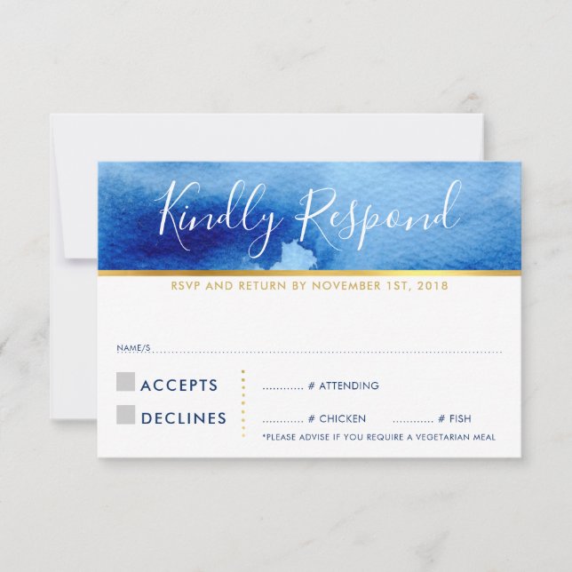 RSVP REPLY RESPONSE CARD stylish blue watercolor (Front)