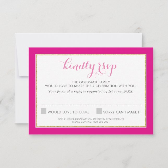 RSVP REPLY RESPONSE chervon pattern gold hot pink (Front)