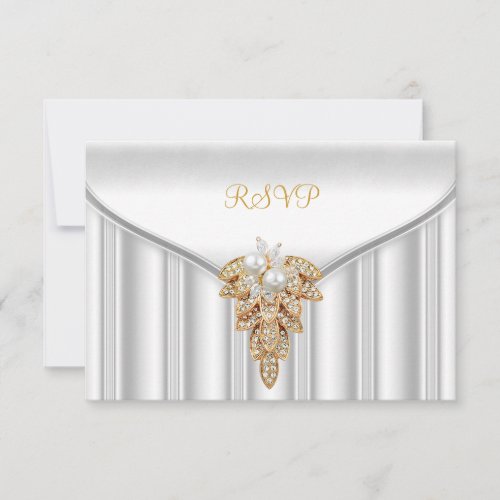 RSVP Reply Response Elegant White Gold Pearl Custom Invitation