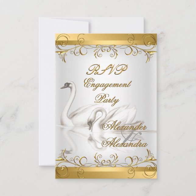 RSVP REPLY RESPONSE Engagement Swans Gold White Invitation (Front)