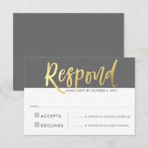 RSVP REPLY RESPONSE faux gold type grey Invitation