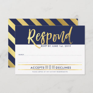 RSVP REPLY RESPONSE faux gold type navy blue Invitation
