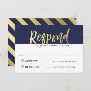 RSVP REPLY RESPONSE faux gold type navy blue Invitation