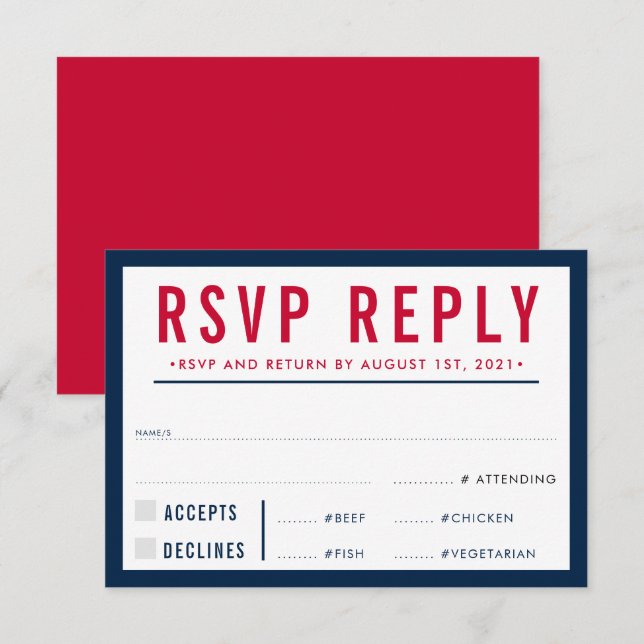 RSVP REPLY RESPONSE modern bold boy navy red (Front/Back)