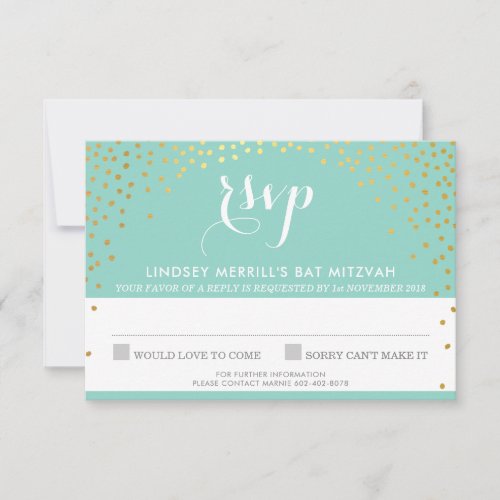 RSVP REPLY RESPONSE rustic gold mini confetti mint Invitation