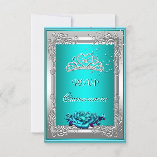 RSVP Reply Response Teal Silver Roses Quinceanera (Front)