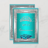 RSVP Reply Response Teal Silver Roses Quinceanera (Front/Back)