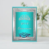 RSVP Reply Response Teal Silver Roses Quinceanera (Standing Front)