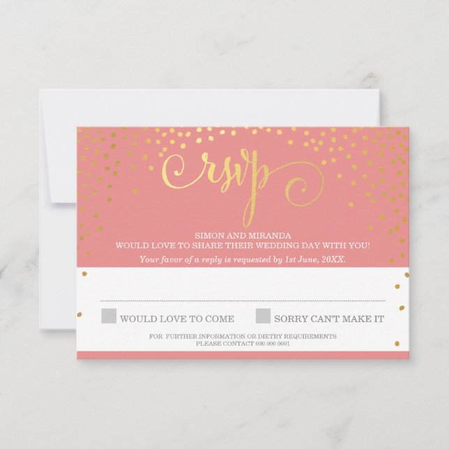 RSVP REPLY stylish rustic mini gold confetti coral Card (Front)